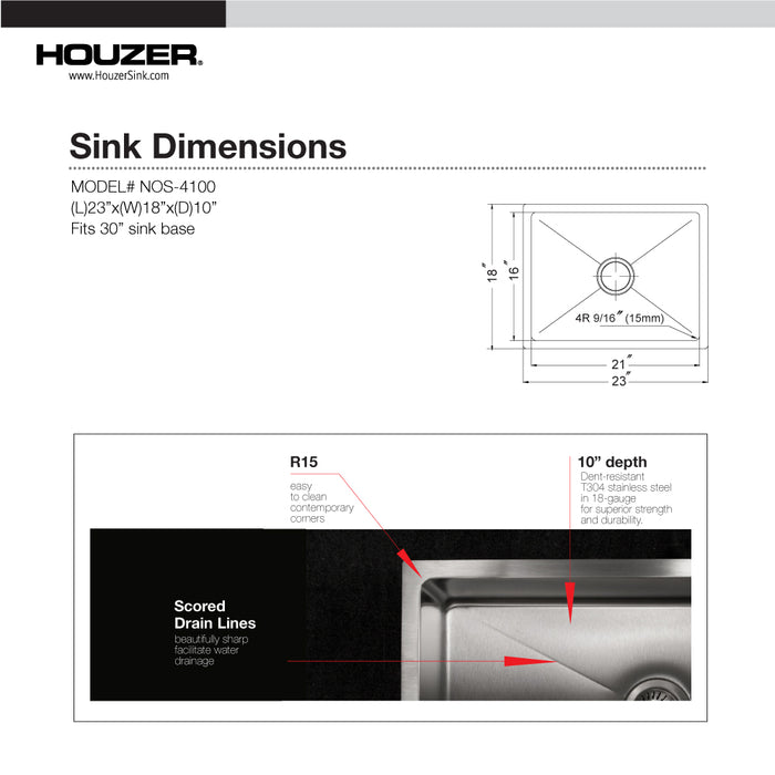 Houzer NOS-4100-1 Nouvelle 23" Undermount Single Bowl Kitchen Sink with Strainer & Grid