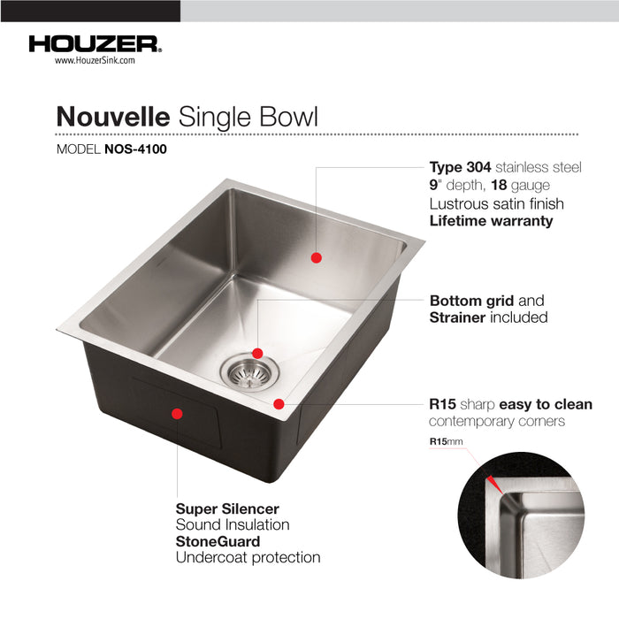Houzer NOS-4100-1 Nouvelle 23" Undermount Single Bowl Kitchen Sink with Strainer & Grid