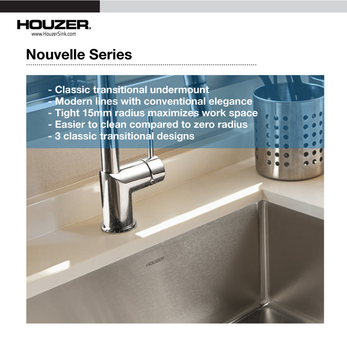 Houzer NOS-4100-1 Nouvelle 23" Undermount Single Bowl Kitchen Sink with Strainer & Grid