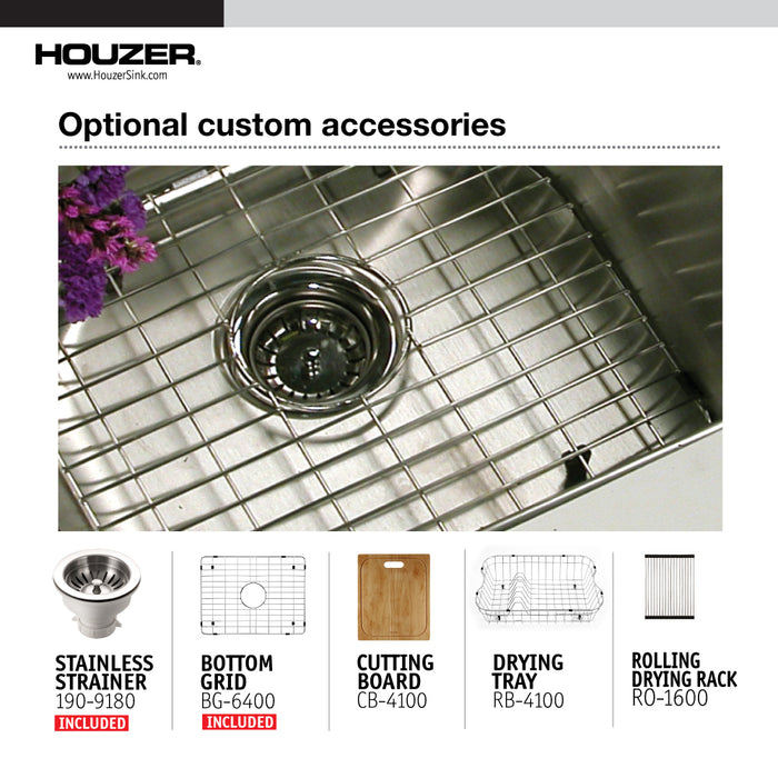 Houzer NOS-4100-1 Nouvelle 23" Undermount Single Bowl Kitchen Sink with Strainer & Grid