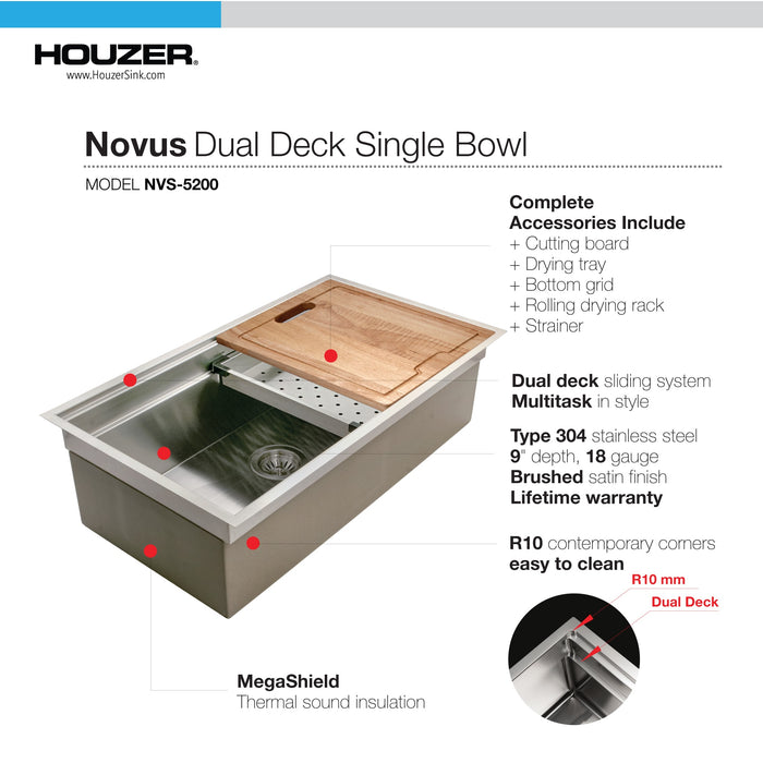 Houzer NVS-5200 32" Novus Undermount Dual Platform Workstation Kitchen Sink