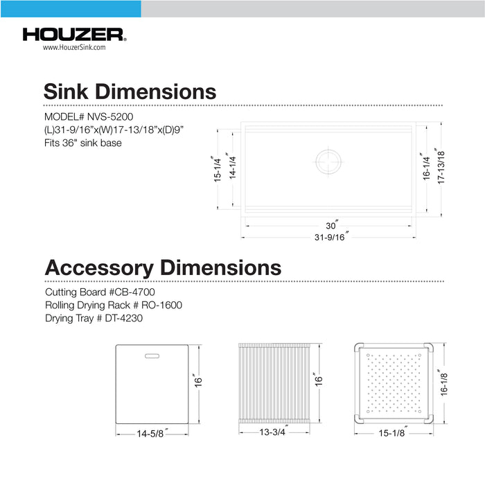 Houzer NVS-5200 32" Novus Undermount Dual Platform Workstation Kitchen Sink