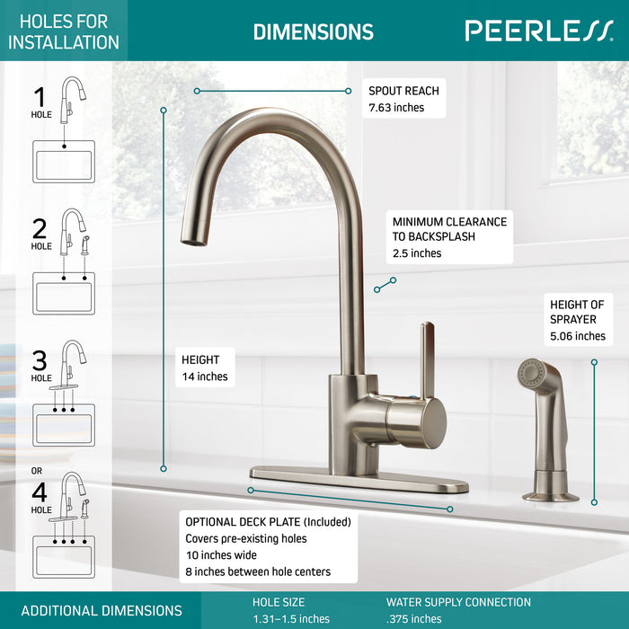 Peerless P199152LF-SS Precept Single Handle Kitchen Faucet with Side Spray in Stainless Finish