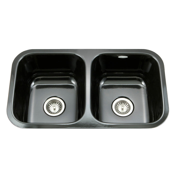 Houzer PCD-3400 BL Porcela 31" Black Porcelain Enameled Steel Undermount Double Bowl Kitchen Sink