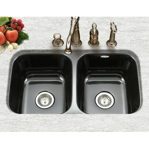 Houzer PCD-3400 BL Porcela 31" Black Porcelain Enameled Steel Undermount Double Bowl Kitchen Sink