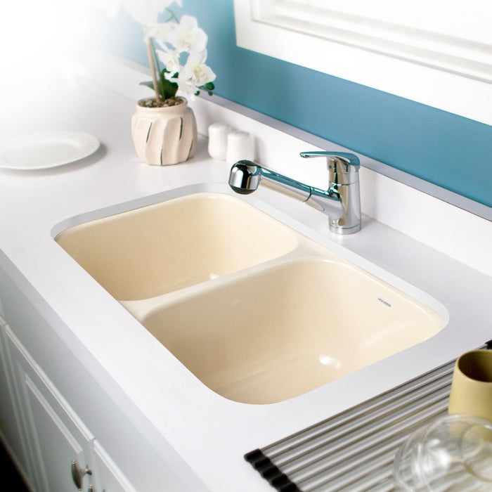 Houzer PCD-3400 BQ Porcela 31" Biscuit Porcelain Enameled Steel Undermount Double Bowl Kitchen Sink