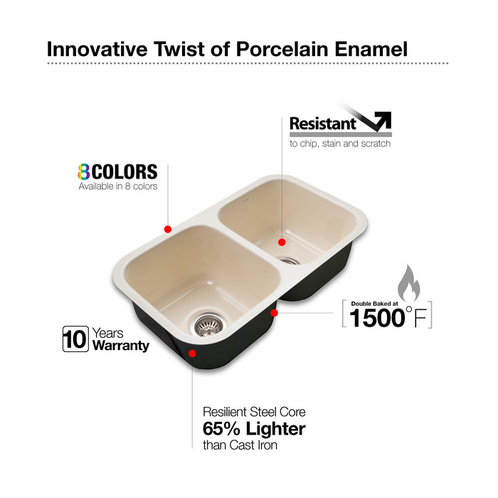 Houzer PCD-3400 BQ Porcela 31" Biscuit Porcelain Enameled Steel Undermount Double Bowl Kitchen Sink