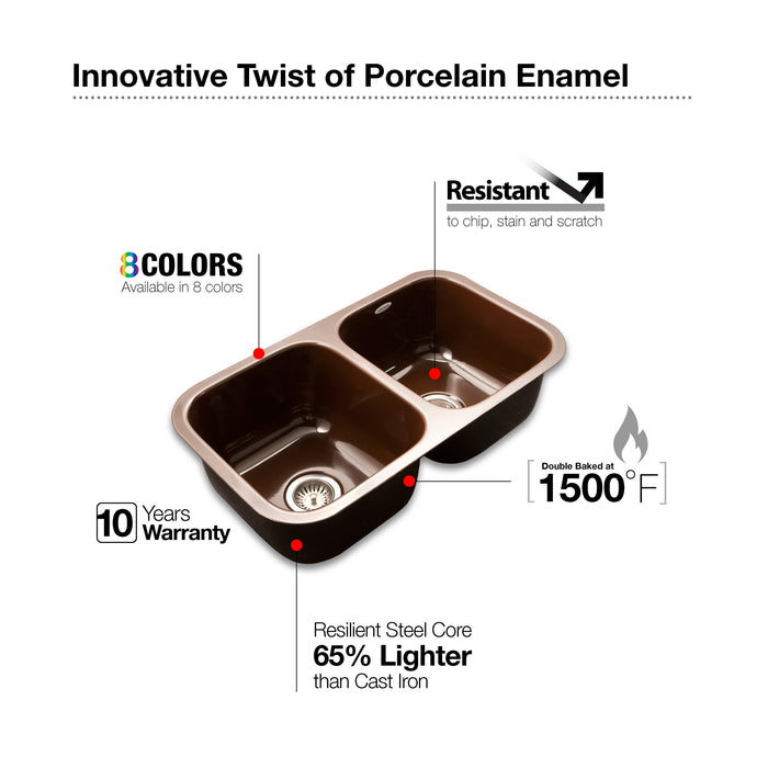 Houzer PCD-3400 ES Porcela 31" Espresso Porcelain Enameled Steel Undermount Double Bowl Kitchen Sink