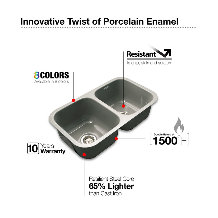 Houzer PCD-3400 SL Porcela 31" Slate Porcelain Enameled Steel Undermount Double Bowl Kitchen Sink