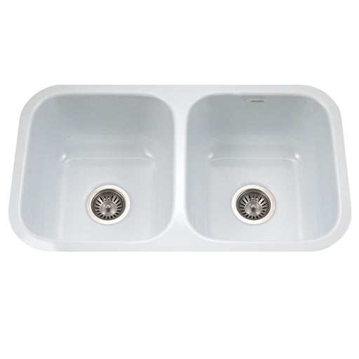 Houzer PCD-3400 WH Porcela 31" White Porcelain Enameled Steel Undermount Double Bowl Kitchen Sink
