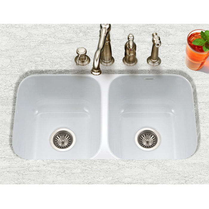 Houzer PCD-3400 WH Porcela 31" White Porcelain Enameled Steel Undermount Double Bowl Kitchen Sink