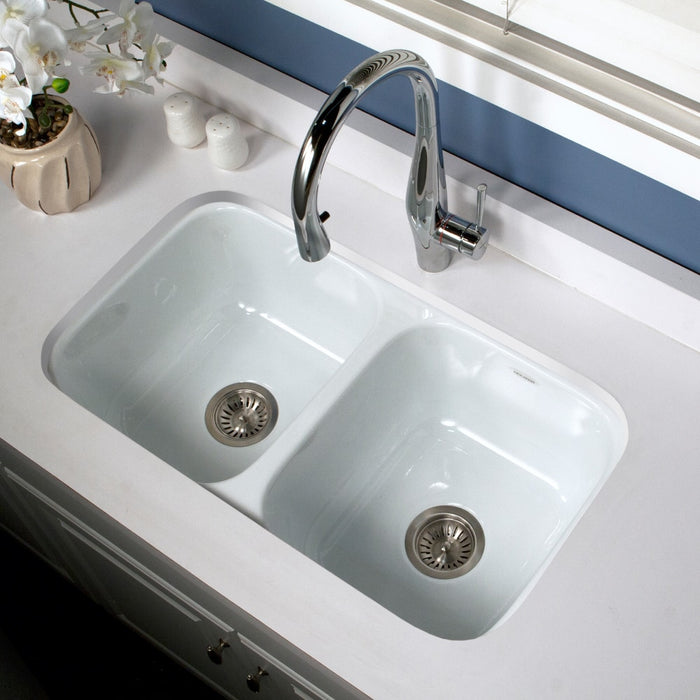 Houzer PCD-3400 WH Porcela 31" White Porcelain Enameled Steel Undermount Double Bowl Kitchen Sink