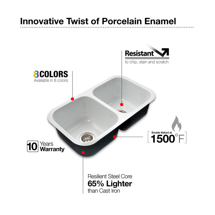 Houzer PCD-3400 WH Porcela 31" White Porcelain Enameled Steel Undermount Double Bowl Kitchen Sink