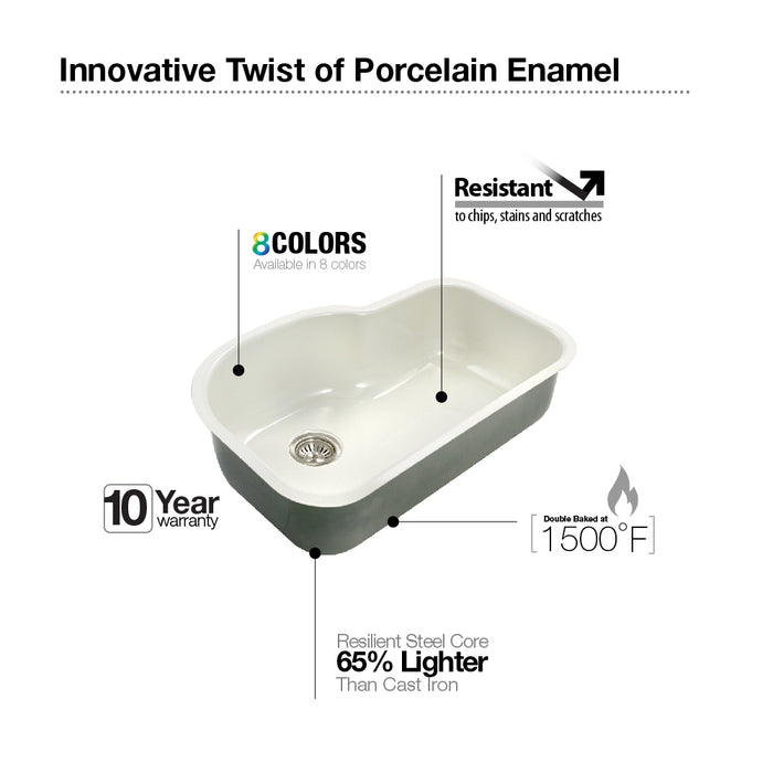 Houzer PCH-3700 BQ Porcela 31" Biscuit Porcelain Enamel Steel Undermount Single Bowl Offset Kitchen Sink