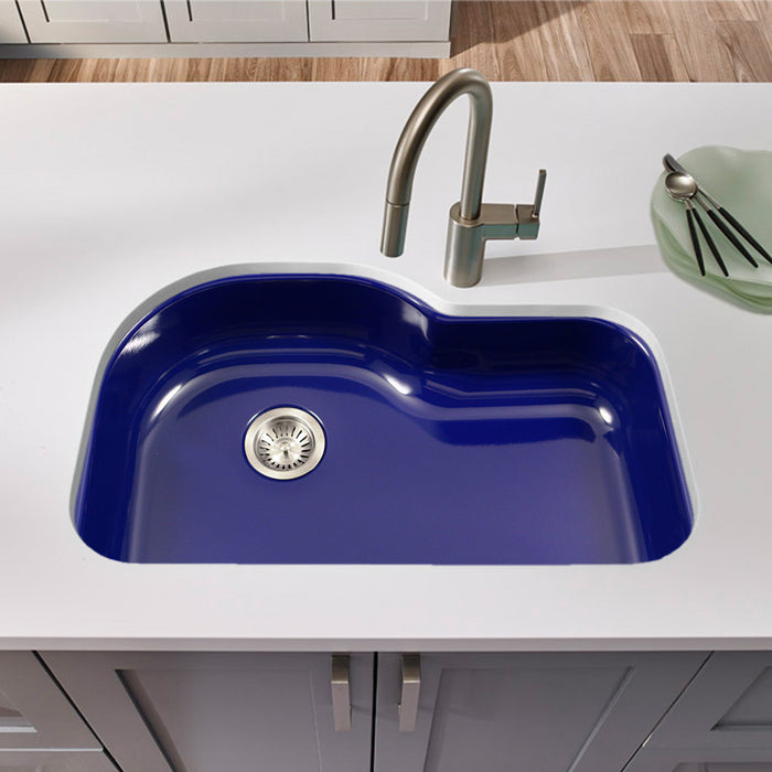 Houzer PCH-3700 NB Porcela 31" Navy Blue Porcelain Enamel Steel Undermount Single Bowl Offset Kitchen Sink