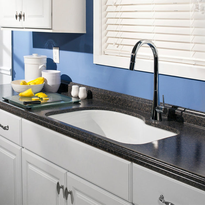 Houzer PCH-3700 WH Porcela 31" White Porcelain Enamel Steel Undermount Single Bowl Offset Kitchen Sink