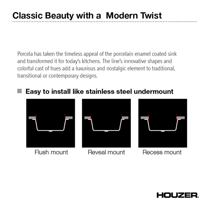 Houzer PCS-2500 WH Porcela 23" White Porcelain Enamel Steel Undermount Single Bowl Kitchen Sink