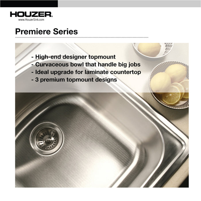 Houzer PGS-3122-1-1 Premier 33" Stainless Steel Drop-in 1-Hole Single Bowl Kitchen Sink with Strainer