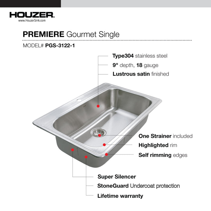 Houzer PGS-3122-1-1 Premier 33" Stainless Steel Drop-in 1-Hole Single Bowl Kitchen Sink with Strainer
