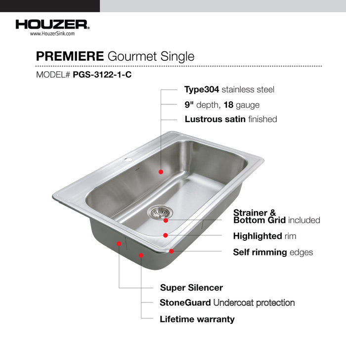 Houzer PGS-3122-1-C Premier 33" Stainless Steel Drop-in 1-Hole Single Bowl Kitchen Sink with Strainer & Grid