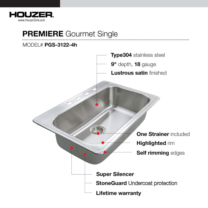 Houzer PGS-3122-4-1 Premier 33" Stainless Steel Drop-in 4-Hole Single Bowl Kitchen Sink with Strainer