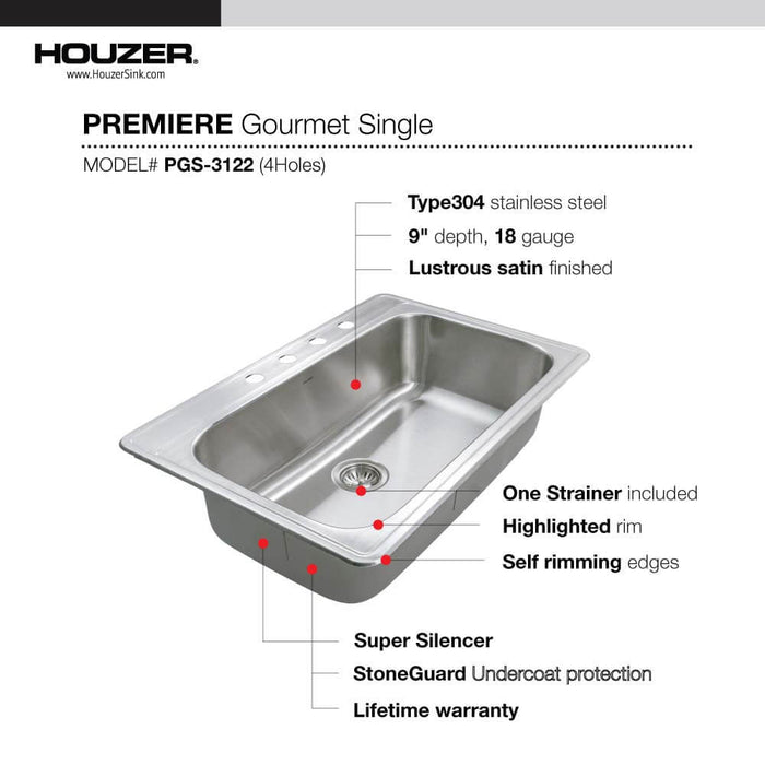 Houzer PGS-3122-4-C Premier 33" Stainless Steel Drop-in 4-Hole Single Bowl Kitchen Sink with Strainer & Grid