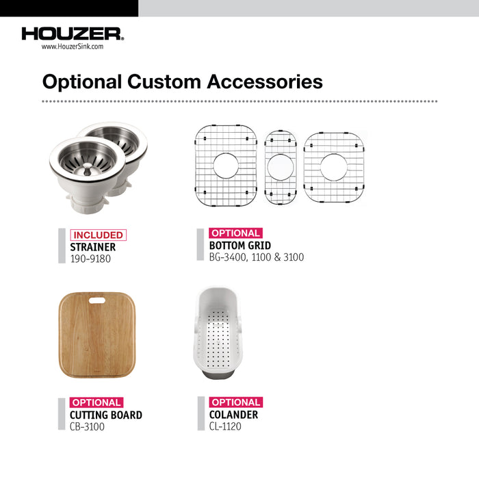 Houzer PGT-4322-1 Premier 41" Stainless Steel Drop-in 4-Hole Triple Bowl Kitchen Sink with Strainer