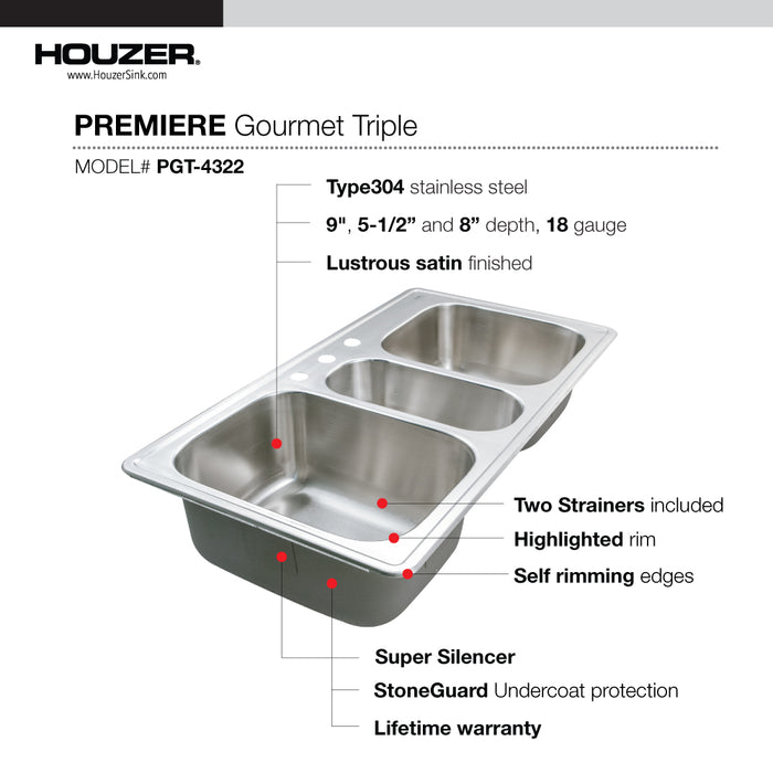 Houzer PGT-4322-1 Premier 41" Stainless Steel Drop-in 4-Hole Triple Bowl Kitchen Sink with Strainer