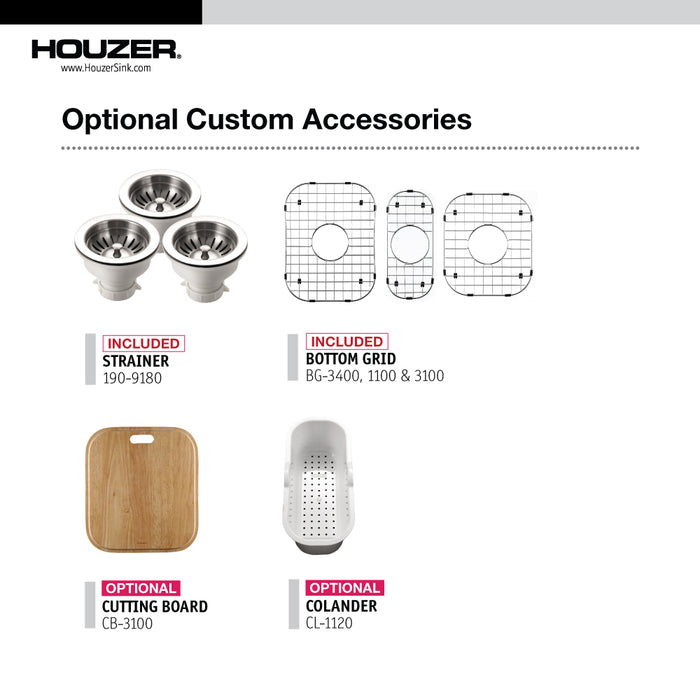 Houzer PGT-4322-C Premier 41" Stainless Steel Drop-in 4-Hole Triple Bowl Kitchen Sink with Strainers & Grids