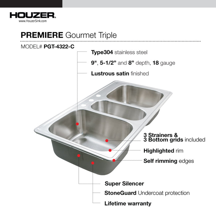 Houzer PGT-4322-C Premier 41" Stainless Steel Drop-in 4-Hole Triple Bowl Kitchen Sink with Strainers & Grids