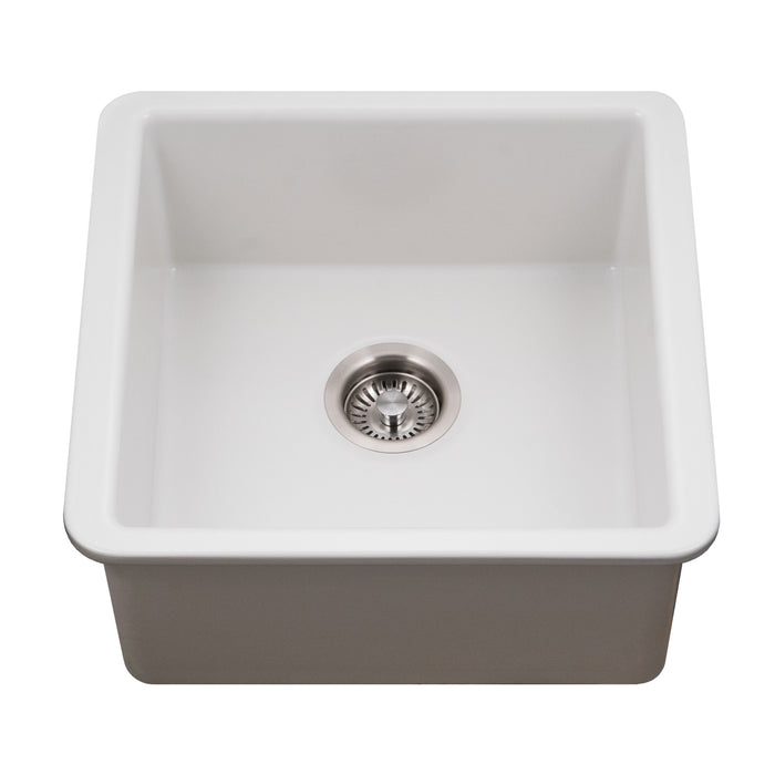 Houzer PTB-2020 MWH Platus 20" Matte White Fireclay Undermount Square Single Bowl Bar Sink
