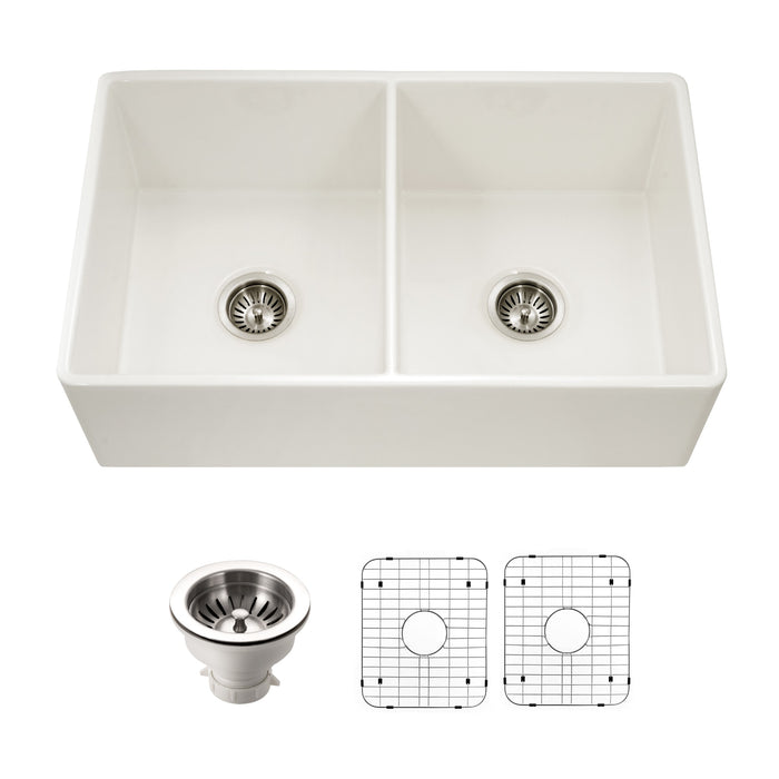 Houzer PTD-4400 BQ-C Platus 33" Biscuit Fireclay Apron Front Farmhouse 50/50 Double Bowl Kitchen Sink