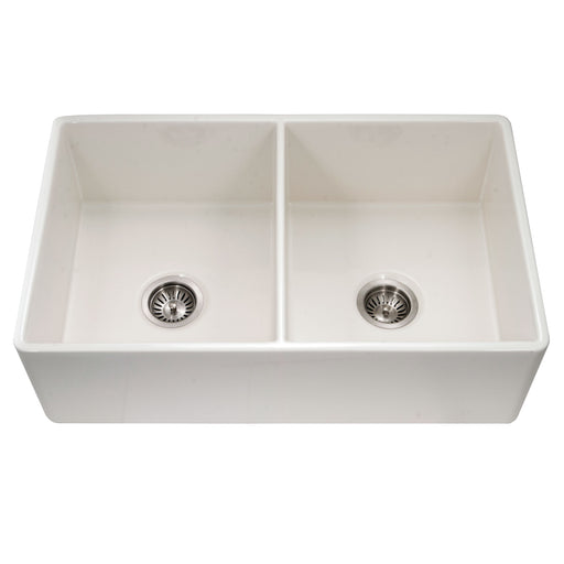 Houzer PTD-4400 BQ Platus 33" Biscuit Fireclay Apron Front Farmhouse 50/50 Double Bowl Kitchen Sink