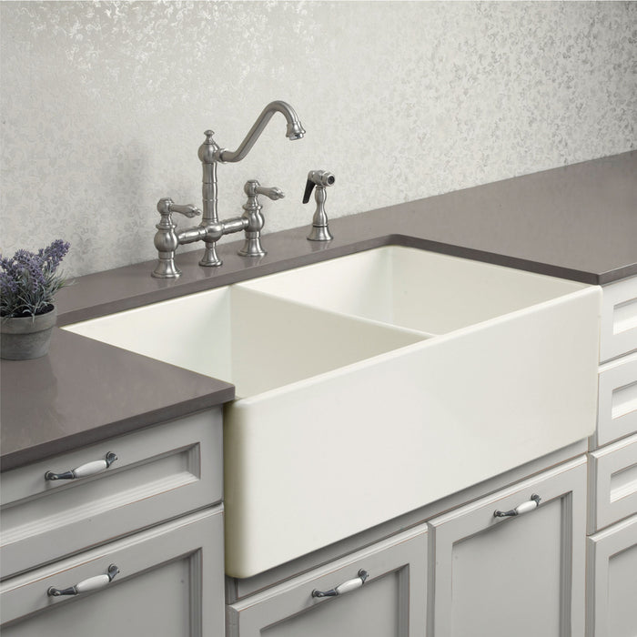 Houzer PTD-4400 BQ Platus 33" Biscuit Fireclay Apron Front Farmhouse 50/50 Double Bowl Kitchen Sink