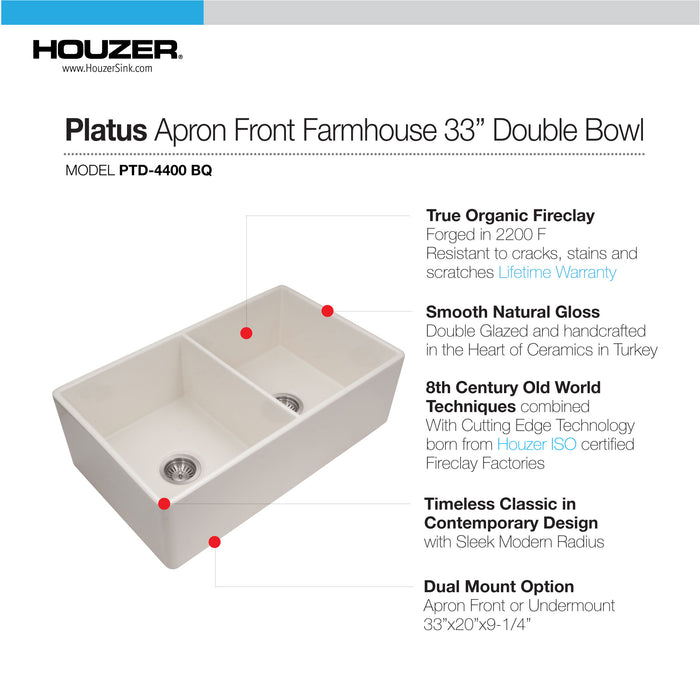 Houzer PTD-4400 BQ Platus 33" Biscuit Fireclay Apron Front Farmhouse 50/50 Double Bowl Kitchen Sink