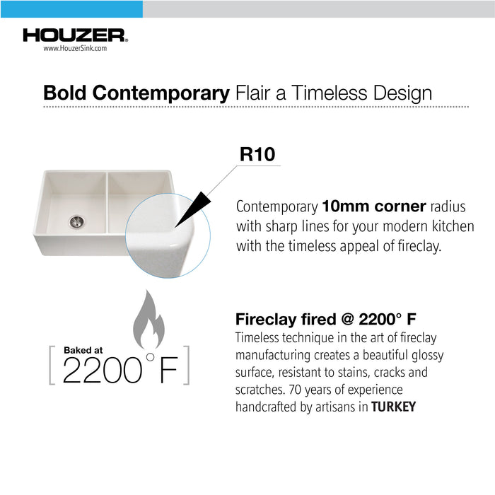 Houzer PTD-4400 BQ Platus 33" Biscuit Fireclay Apron Front Farmhouse 50/50 Double Bowl Kitchen Sink