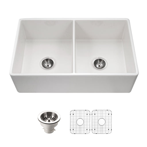 Houzer PTD-4400 WH-C Platus 33" White Fireclay Farmhouse 50/50 Double Bowl Kitchen Sink