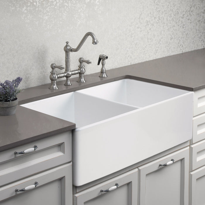 Houzer PTD-4400 WH-C Platus 33" White Fireclay Farmhouse 50/50 Double Bowl Kitchen Sink with Strainer & Grids