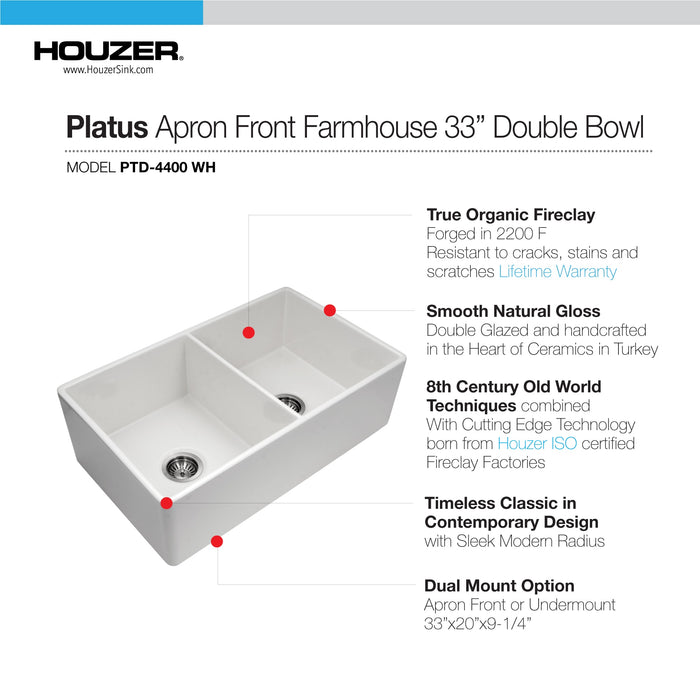 Houzer PTD-4400 WH-C Platus 33" White Fireclay Farmhouse 50/50 Double Bowl Kitchen Sink with Strainer & Grids