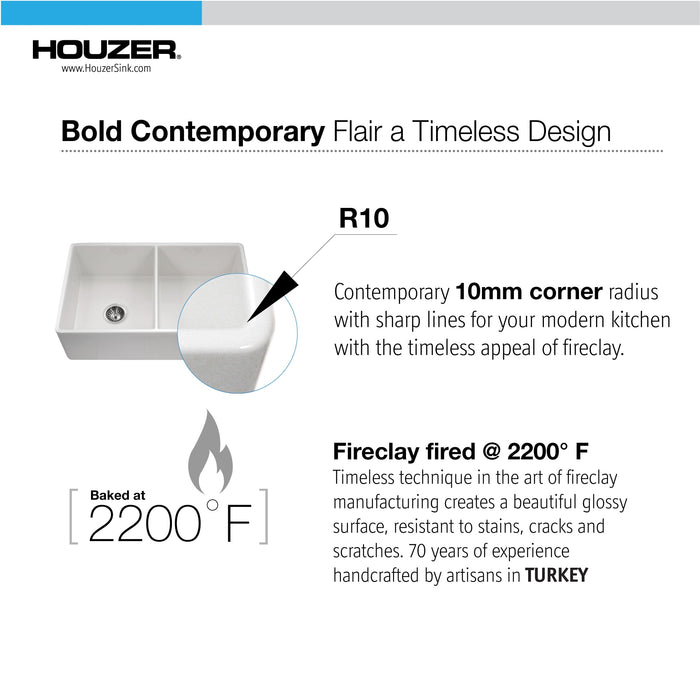 Houzer PTD-4400 WH-C Platus 33" White Fireclay Farmhouse 50/50 Double Bowl Kitchen Sink with Strainer & Grids