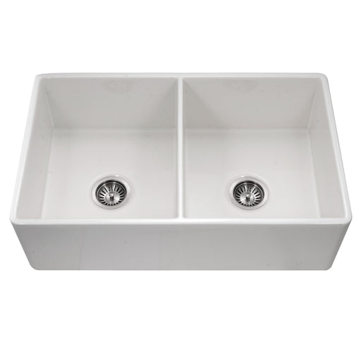 Houzer PTD-4400 WH Platus 33" White Fireclay Apron Front Farmhouse 50/50 Double Bowl Kitchen Sink