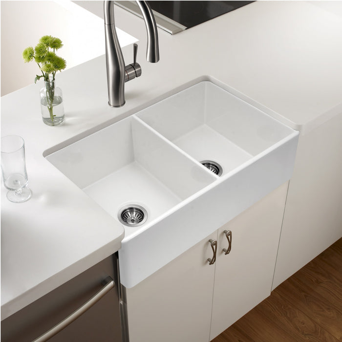 Houzer PTD-4400 WH Platus 33" White Fireclay Apron Front Farmhouse 50/50 Double Bowl Kitchen Sink