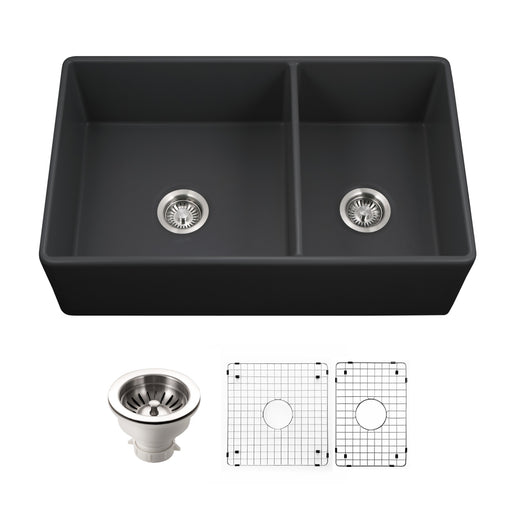 Houzer PTD-6040 BL-C Platus 33" Black Fireclay Apron Front Farmhouse 60/40 Double Kitchen Sink