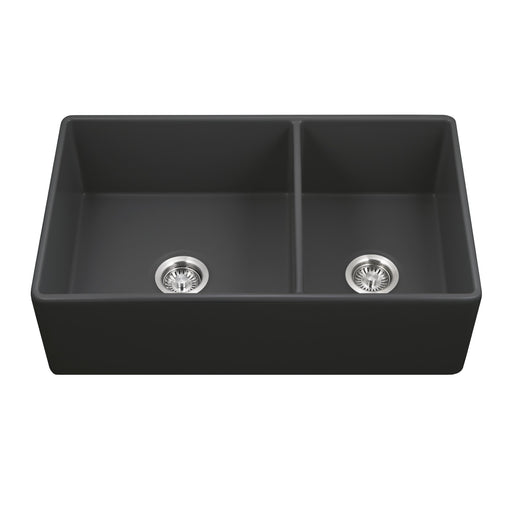 Houzer PTD-6040 BL Platus 33" Black Fireclay Apron Front Farmhouse 60/40 Double Kitchen Sink
