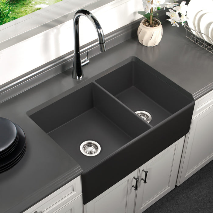 Houzer PTD-6040 BL Platus 33" Black Fireclay Apron Front Farmhouse 60/40 Double Kitchen Sink