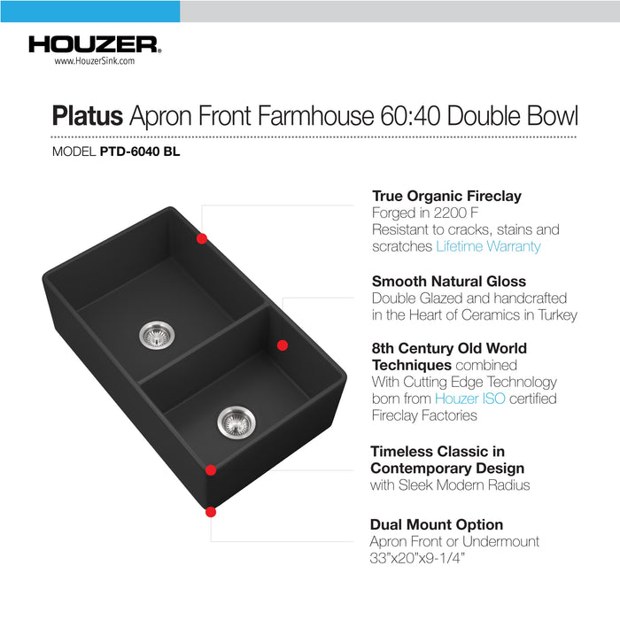 Houzer PTD-6040 BL Platus 33" Black Fireclay Apron Front Farmhouse 60/40 Double Kitchen Sink