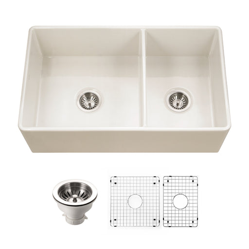 Houzer PTD-6040 BQ-C Platus 33" Biscuit Fireclay Apron Front Farmhouse 60/40 Double Bowl Kitchen Sink