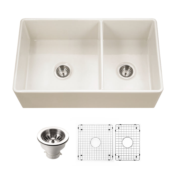 Houzer PTD-6040 BQ-C Platus 33" Biscuit Fireclay Apron Front Farmhouse 60/40 Double Bowl Kitchen Sink