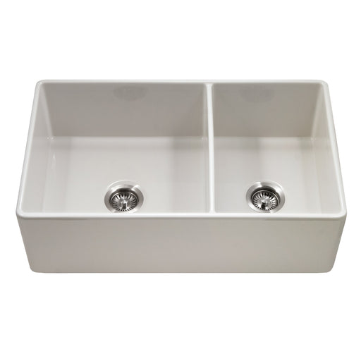 Houzer PTD-6040 BQ Platus 33" Biscuit Fireclay Apron Front Farmhouse 60/40 Double Bowl Kitchen Sink