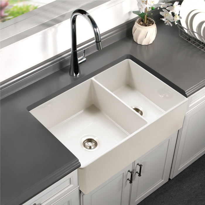 Houzer PTD-6040 BQ Platus 33" Biscuit Fireclay Apron Front Farmhouse 60/40 Double Bowl Kitchen Sink